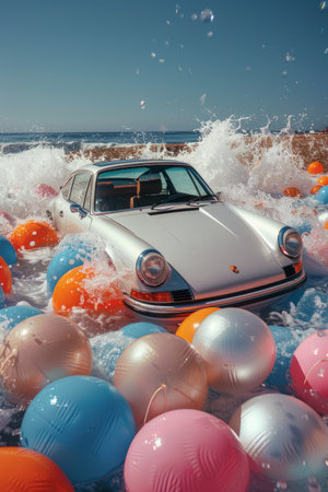 Vintage car on the beach with colorful balloons and splashing water.の素材