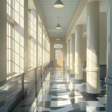 Interior of a corridor with columns and sunlight. 3d renderingの素材