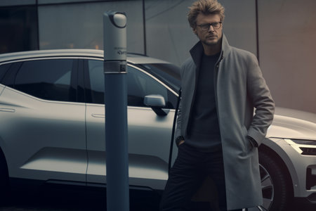 Handsome young man in a gray coat and glasses is standing near the electric car.の素材