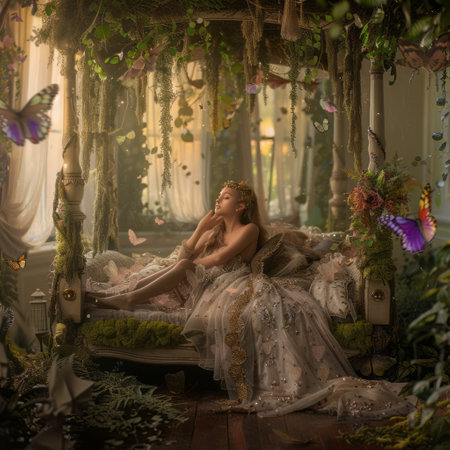 Beautiful girl sitting on the sofa in the room decorated with flowersの素材