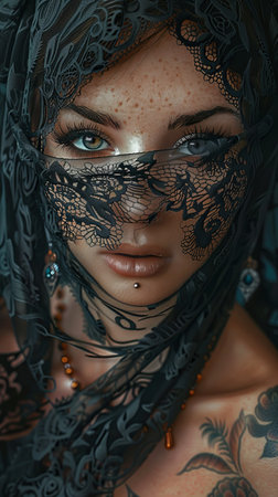 Fashion portrait of beautiful young woman with green eyes and black veilの素材