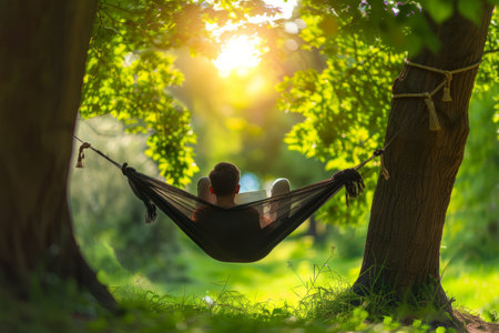 Young man relaxing in hammock in the summer forest. Summertimeの素材