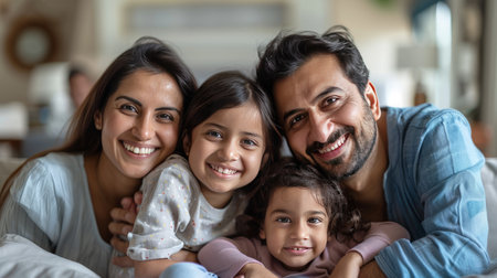 Portrait of happy Indian family looking at camera while sitting on sofa at homeの素材