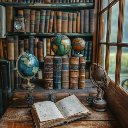 Old books and globe on a wooden table near the window in a libraryの素材