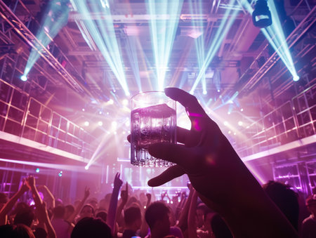 Hand holding a glass of beer in front of a crowd in a nightclubの素材