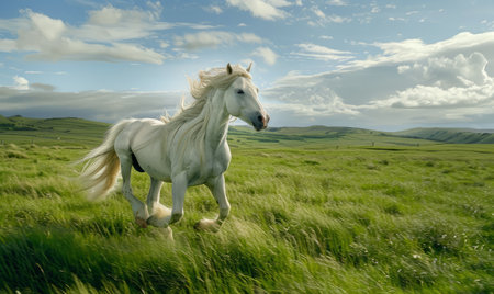 White pony running on a green meadow with blue sky and cloudsの素材