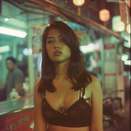 Beautiful asian woman in the city at night with bokehの素材