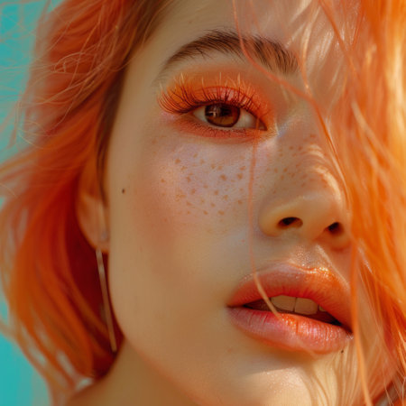 Beautiful red-haired girl with freckles on her faceの素材