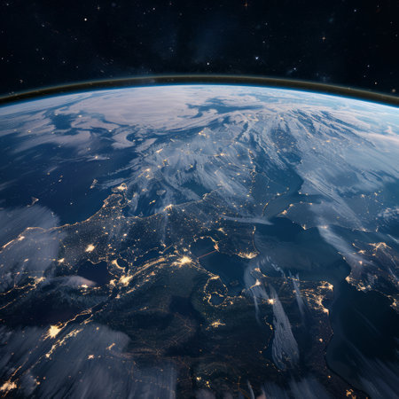 Night view of Earth from space with visible city lights. 3D illustration.の素材