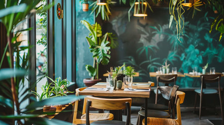 Interior of a restaurant with green plants in pots on the tableの素材