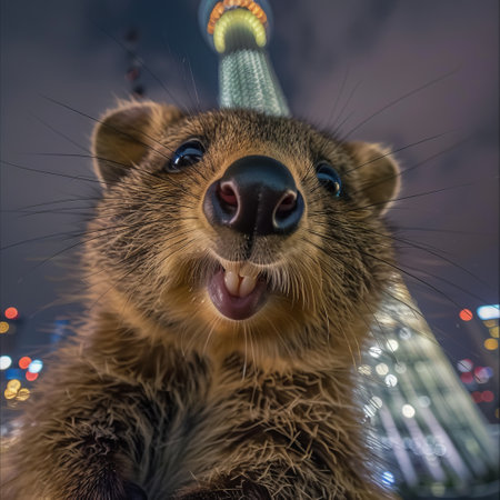Close-up portrait of a Tasmanian devil in front of a night cityの素材