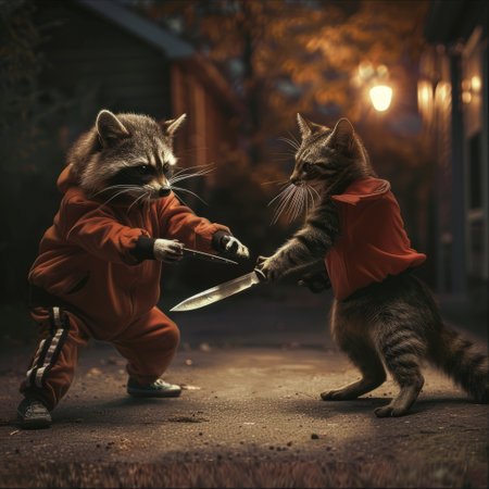 Two stray cats fighting with swords on the street in the evening.の素材