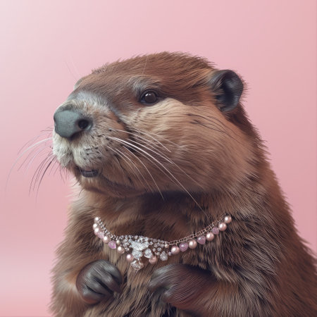 Portrait of a beaver with a pearl necklace on a pink backgroundの素材
