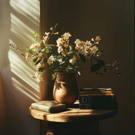 Vintage books and flowers in a vase on a wooden tableの素材