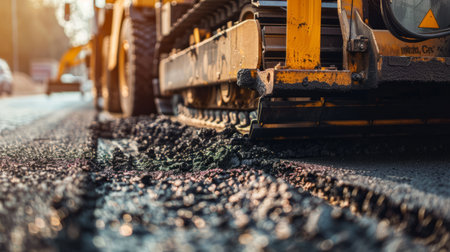 Asphalt compactor working on a new road construction site in the cityの素材