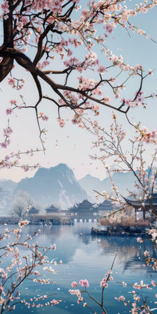 Hangzhou West Lake scenery with cherry blossom in spring.の素材