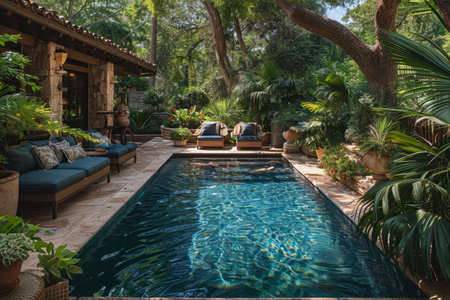 Luxury swimming pool in tropical garden with palm tree and plantsの素材