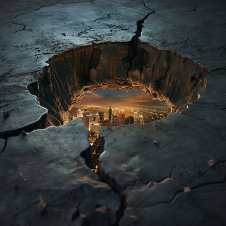 Cracked hole in the ground with a view of the night cityの素材