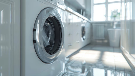 Washing machine in the modern kitchen. 3d render illustration.の素材