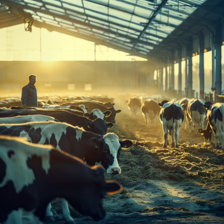 Farmer and cows in a dairy farm. Cowshed.の素材