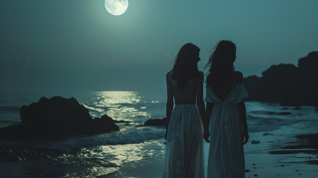Two beautiful girls in white dresses on the beach against the background of the full moonの素材