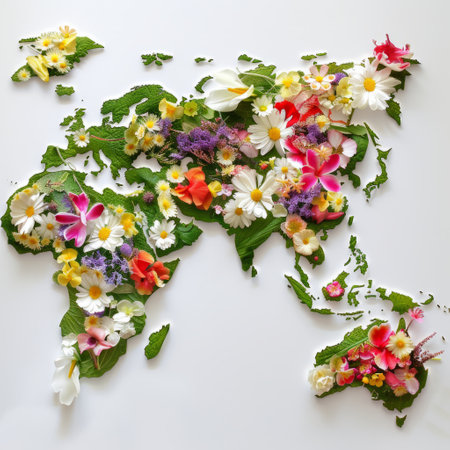 world map made of flowers on a white background, top view.の素材
