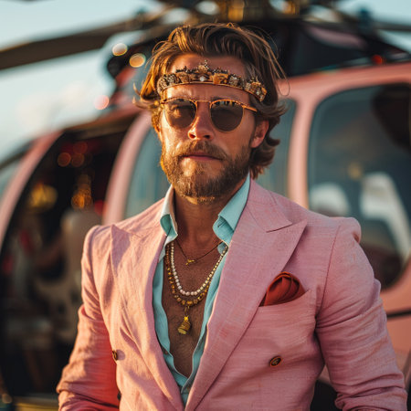 Portrait of a handsome man in sunglasses and a pink suit.の素材