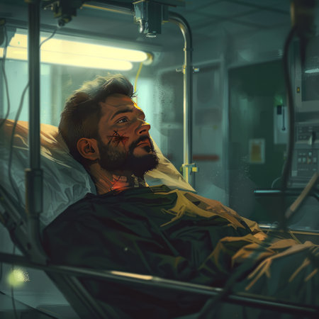 Handsome sick man in the hospital ward. Healthcare concept.の素材