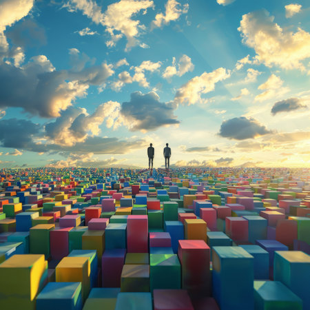 Business people standing on top of colorful cubes and looking at each otherの素材