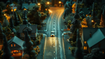 Miniature city at night with road, houses, cars and lightsの素材