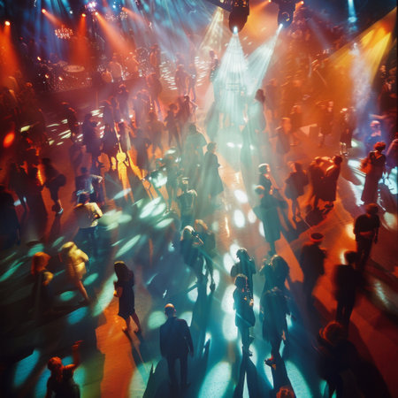 Dancing crowd in a nightclub with rays of light and smoke.の素材