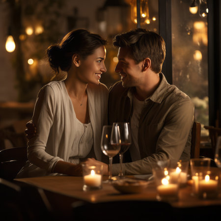 Beautiful young couple sitting in a restaurant. Romantic evening date.の素材