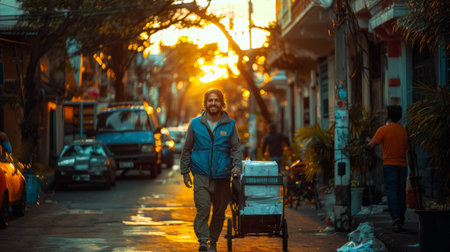 Handsome Indian man with backpack walking in the street at sunsetの素材