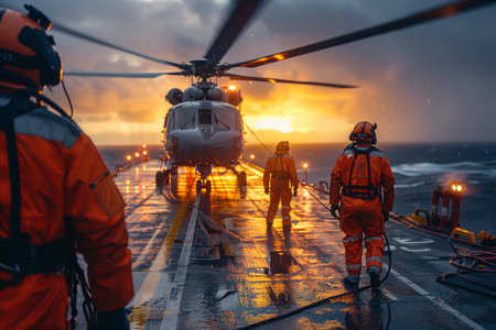 Helicopter on the deck of a military ship. Helicopter rescue service.の素材