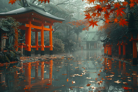 Beautiful Japanese temple in autumn season with reflection in the pond.の素材