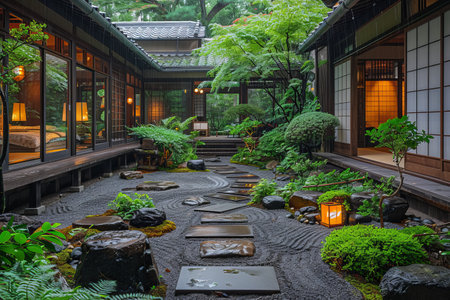 Japanese garden in the Japanese style at night, Tokyo, Japan.の素材