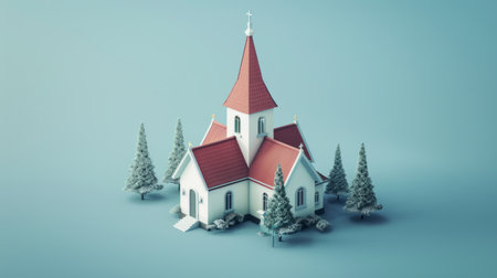 Christmas tree and christmas church, 3d render illustration of christmas conceptの素材