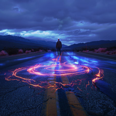 Man walking on the road with light trails in the background. 3d renderingの素材