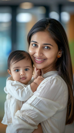 Portrait of a smiling mother holding her baby in her arms.の素材