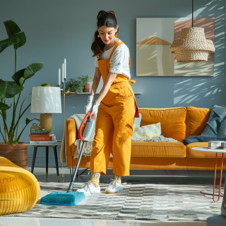 Young woman cleaning living room with mop. Housework concept.の素材