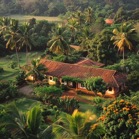 Tropical garden with palm trees and bungalows in Bali, Indonesiaの素材