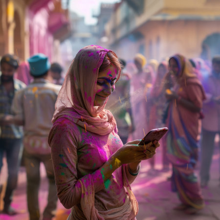 Unidentified people at the Holi festival in Kathmandu circa January 2017 in Kathmandu.の素材