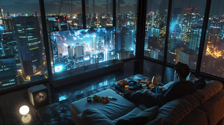 Young couple watching tv in the living room at night with city viewの素材
