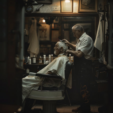 Barber cutting hair of a senior man in a barber shopの素材