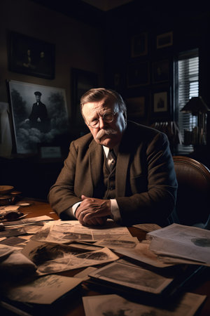 Portrait of an old man in a suit sitting at a table in a dark roomの素材
