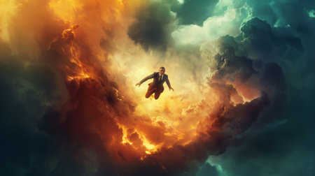 Businessman flying high in the sky. Mixed media. Mixed mediaの素材