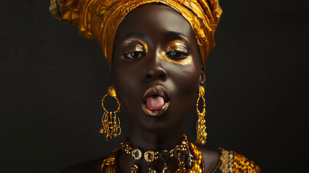 Portrait of a beautiful African woman with black skin and gold jewelryの素材