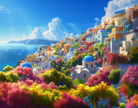 Beautiful view of Santorini island, Greece. 3D renderingの素材