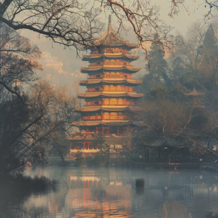 Pagoda in Hangzhou, China in a foggy dayの素材