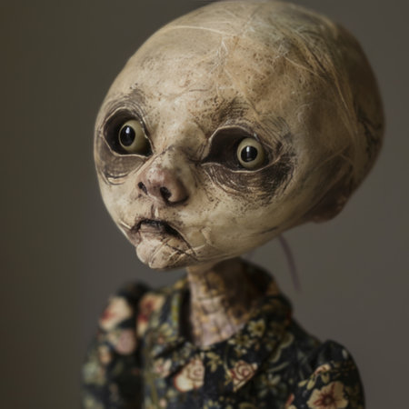 Creepy Halloween doll with scary face and eyes. Studio shot.の素材